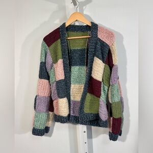 handmade crochet patchwork cardigan multicolor pastel cottagecore knit small